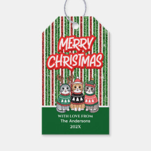 Étiquettes-cadeau Bandes de bonbons rouges et verts Chats de Noël