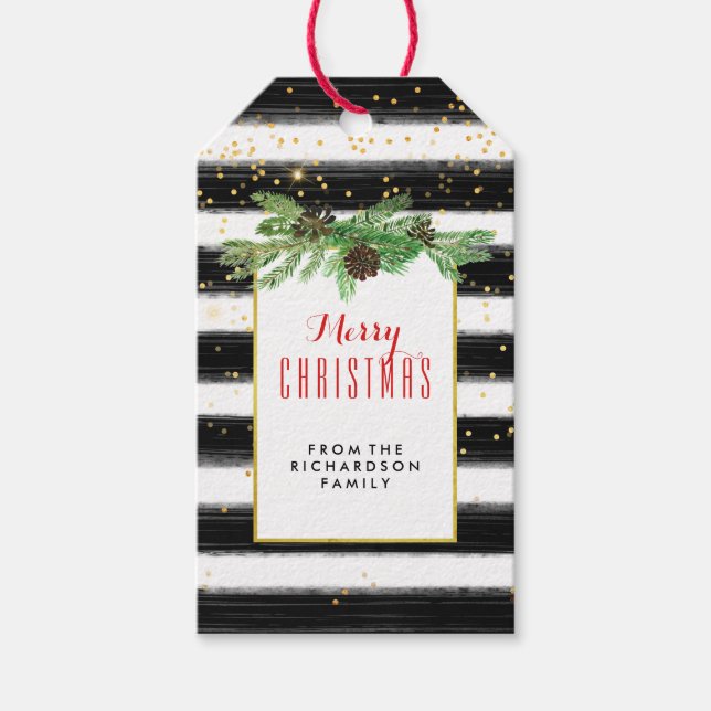 Étiquettes-cadeau Bandes noires avec Confetti or et cônes de pin (Devant)