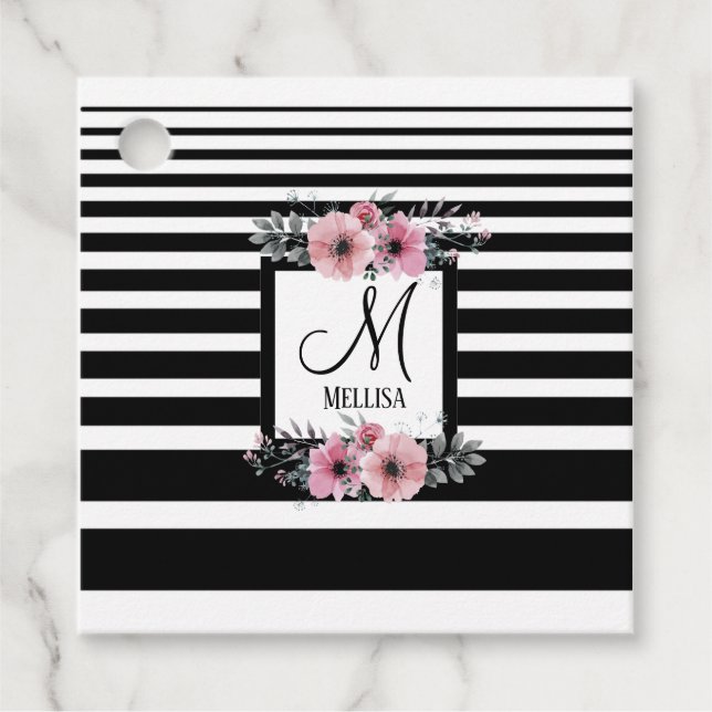 Étiquettes Cadeau Bandes noires et blanches Monogramme floral rose (Devant)