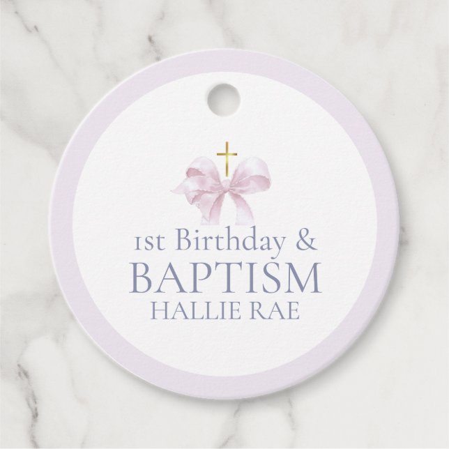 Étiquettes Cadeau Baptême & 1er anniversaire Merci rose (Devant)