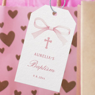 Étiquettes-cadeau Baptême à l'arc rose aquarelle