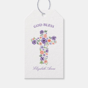 Étiquettes-cadeau Baptême Aquarelle Purple et Coral Flower Cross