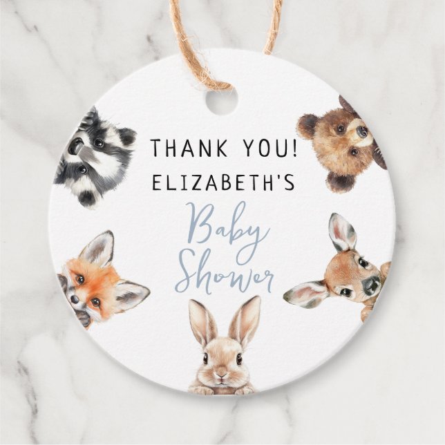 Étiquettes Cadeau Baptême Bébé Animaux de la Forêt Aquarelle Mignonn (Devant)