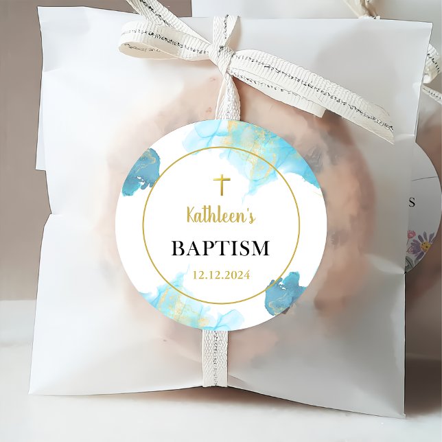 Étiquettes Cadeau Baptême Bleu Élégant (Créateur téléchargé)