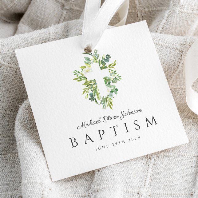 Étiquettes Cadeau Baptême botanique religieux croisé vert (Religious Cross Green Botanical Baptism Favor Tags)
