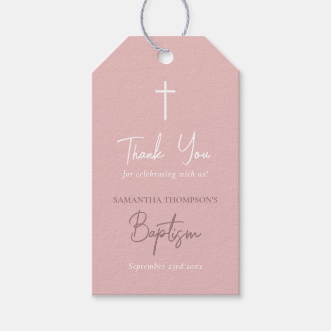 Étiquettes-cadeau Baptême calligraphié pour bébé fille rose  (Devant)
