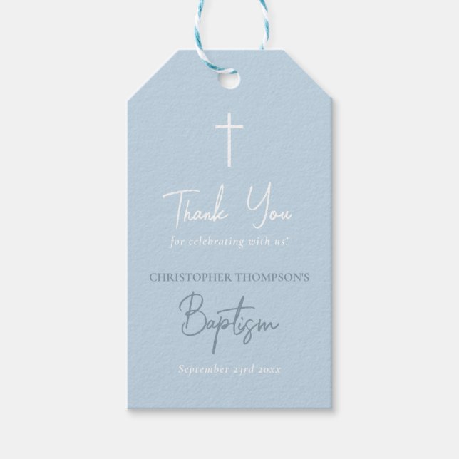 Étiquettes-cadeau Baptême calligraphié pour bébé garçon bleu (Devant)