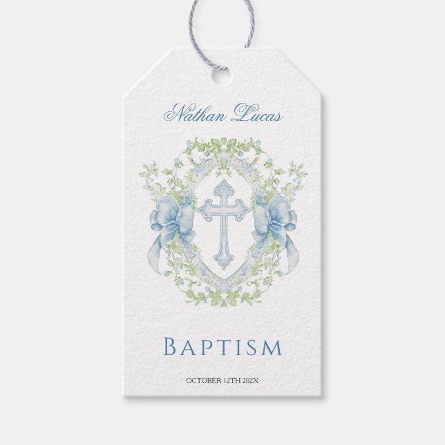 Étiquettes-cadeau Baptême Cross Crest Greenery Baby Boy Baptism étiq (Devant)