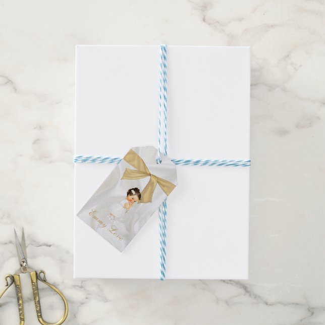 Étiquettes-cadeau Baptême de bébé fille Croix en or (Avec de laficelle)