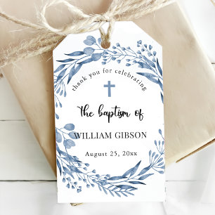 Étiquettes-cadeau Baptême de fleurs bleues