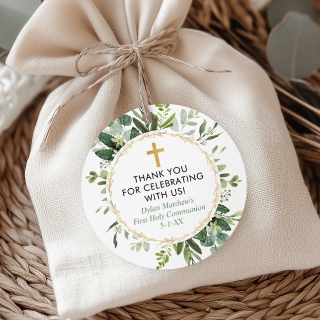 Étiquettes Cadeau Baptême de la première communion d'eucalyptus or v (Créateur téléchargé)