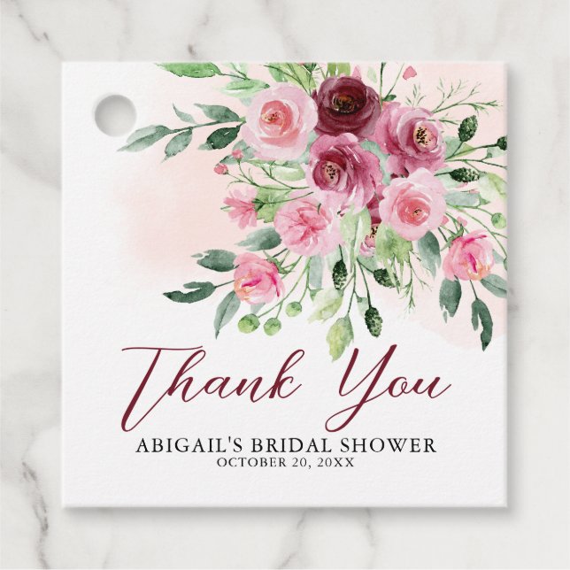 Étiquettes Cadeau Baptême de mariage floral bordeaux (Devant)