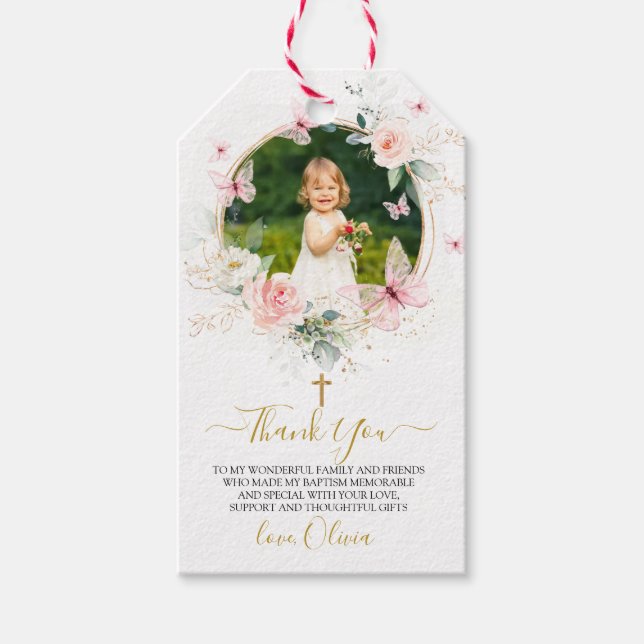 Étiquettes-cadeau Baptême de papillon rose (Devant)