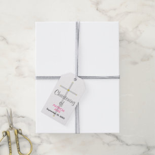 Étiquettes-cadeau Baptême de prénoms Croix Argentée Bébé Fille Rose