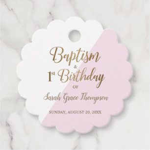 Étiquettes Cadeau Baptême d'or rose moderne Premier anniversaire béb