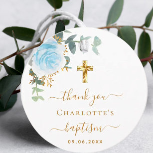 Étiquettes Cadeau Baptême eucalyptus bleu clair floral merci
