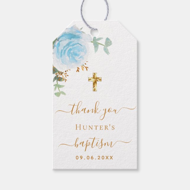 Étiquettes-cadeau Baptême eucalyptus bleu clair garçon merci (Devant)