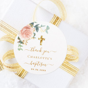 Étiquettes Cadeau Baptême eucalyptus bleu rose floral merci