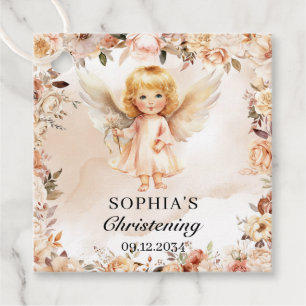 Étiquettes Cadeau Baptême fille ange rousse et fleurs d'ivoire Baptê