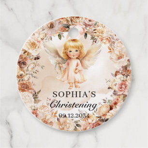Étiquettes Cadeau Baptême fille ange rousse et fleurs d'ivoire Baptê