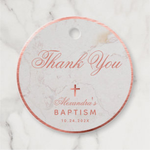 Étiquettes Cadeau Baptême Fille Élégant Marbre Rose Gold Merci Fa