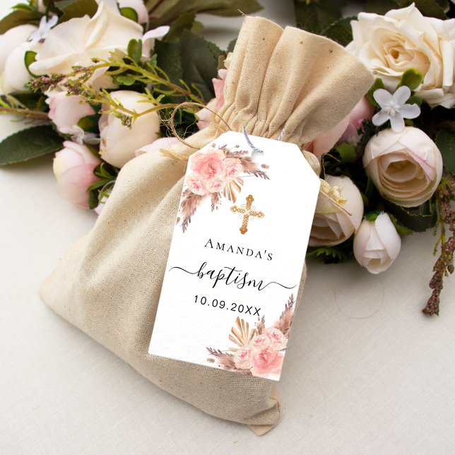 Étiquettes-cadeau Baptême fille pampas herbe blush rose Merci (Créateur téléchargé)