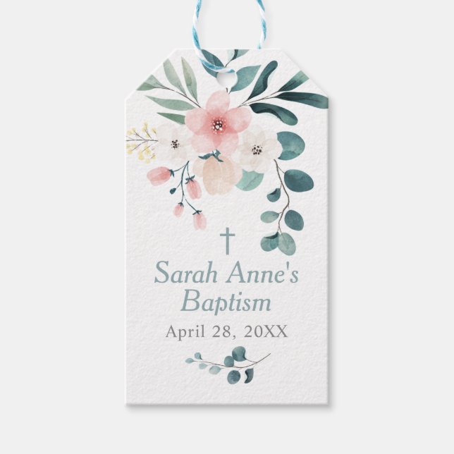 Étiquettes-cadeau Baptême Fleur Rose et Eucalyptus (Devant)