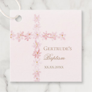 Étiquettes Cadeau Baptême fleurs roses aquarelle couleur croix les é