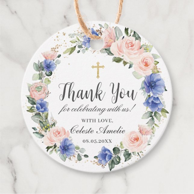 Étiquettes Cadeau Baptême floral Bleu Chic Bleu Baptême Christening  (Devant)