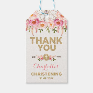 Étiquettes-cadeau Baptême floral d'or rose féminin de Dreamcatcher