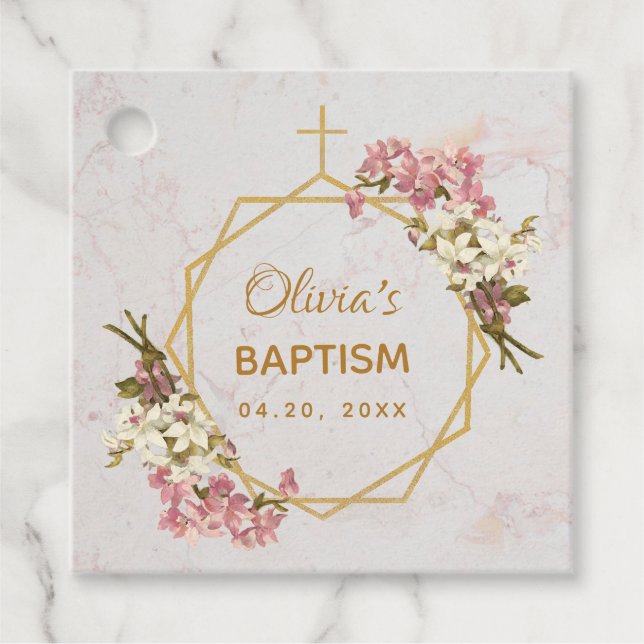 Étiquettes Cadeau Baptême Floral Orchidées rose or Marbre Géométriqu (Devant)