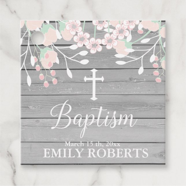Étiquettes Cadeau Baptême floral rustique gris (Devant)