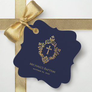 Étiquettes Cadeau Baptême garçon croix dorée blason vintage bleu mar