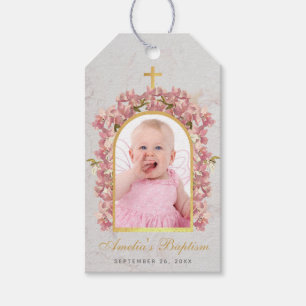 Étiquettes-cadeau Baptême Girl Photo Marbre Or Arche Orchidées rose
