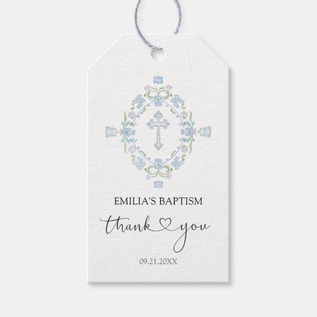 Étiquettes-cadeau Baptême Merci de la couronne fleurie (Devant)