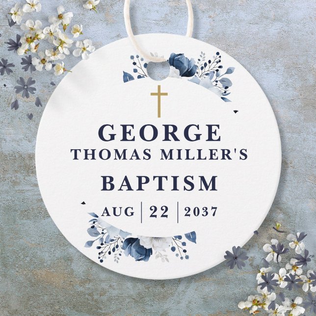Étiquettes Cadeau Baptême Moderne Botanique Bleu Marine (Navy Blue Botanical Modern Baptism Favor Tags)