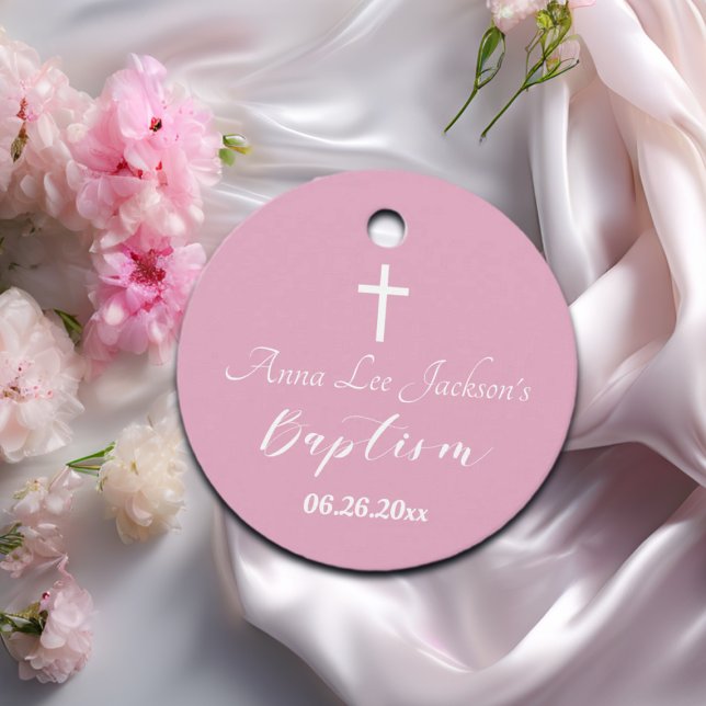 Étiquettes Cadeau Baptême moderne Christening Croix Blanche Rose Dus (Créateur téléchargé)