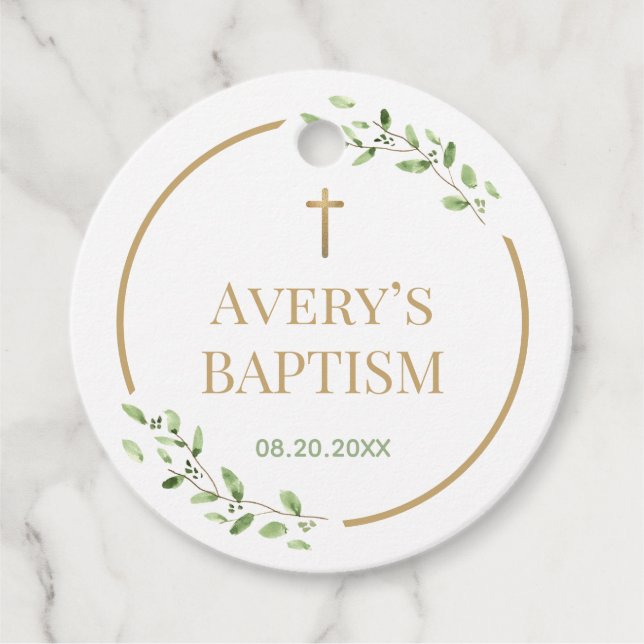 Étiquettes Cadeau Baptême moderne courre d'or croix personnalisable (Devant)