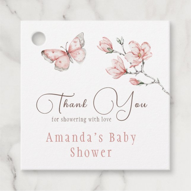 Étiquettes Cadeau Baptême papillon rose blush aquarelle floral (Devant)