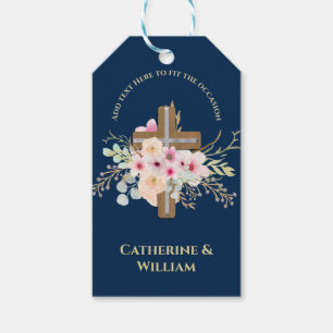 Étiquettes-cadeau Baptême personnalisé et croix florale