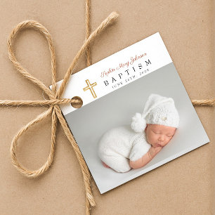 Étiquettes Cadeau Baptême photo moderne écriture terre cuite