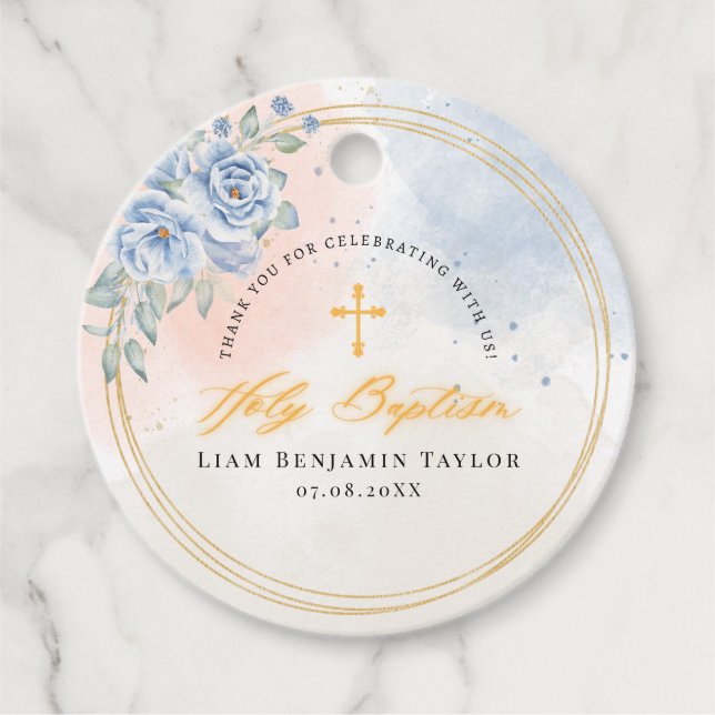 Étiquettes Cadeau Baptême religieux garçon aquarelle fleurie moderne (Devant)