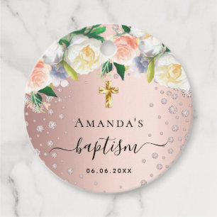Étiquettes Cadeau Baptême rose or floral blanc rose fille