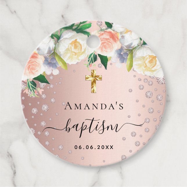 Étiquettes Cadeau Baptême rose or floral blanc rose fille (Devant)