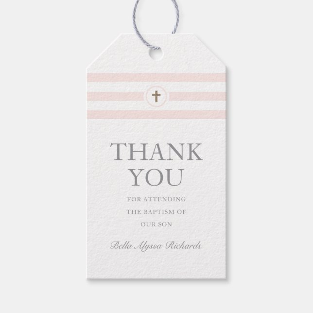 Étiquettes-cadeau Baptême rose rayé classique Merci de baptême (Devant)