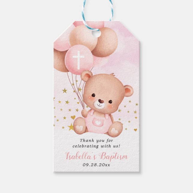 Étiquettes-cadeau Baptême rose Teddy Bear Merci Le Baptême favorise (Devant)