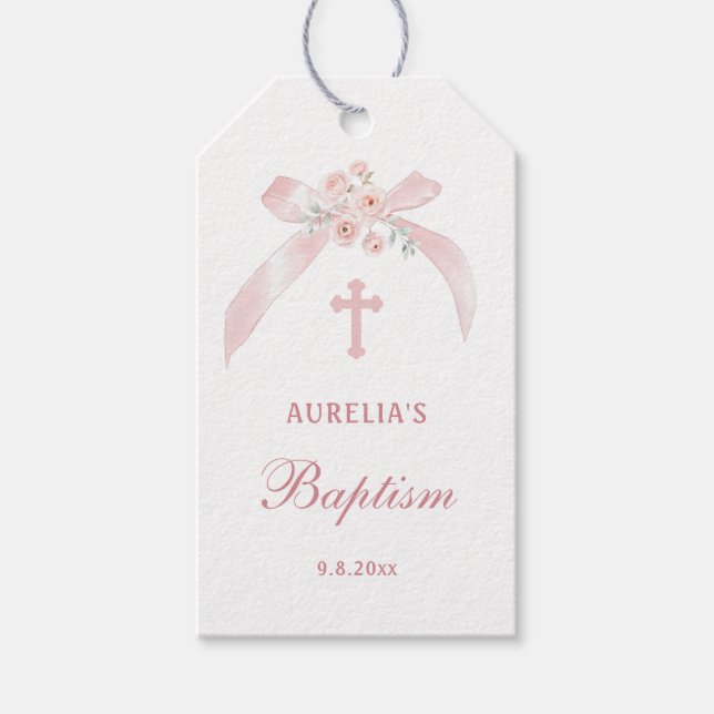 Étiquettes-cadeau Baptême Ruban Rose Floral (Devant)