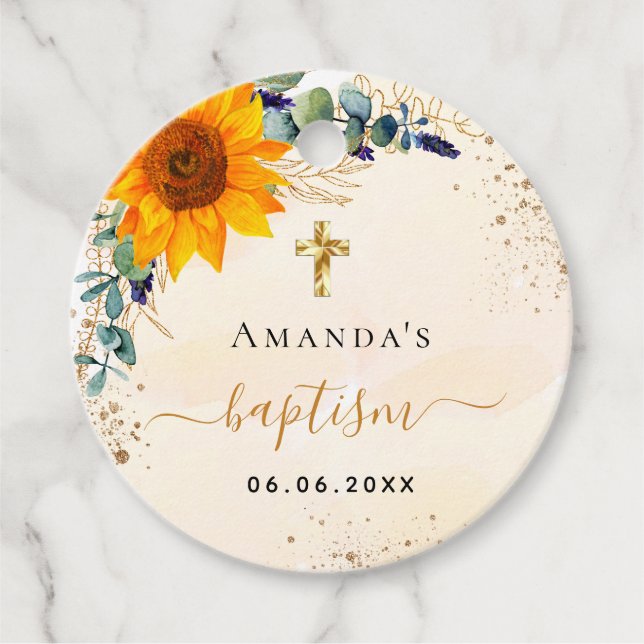 Étiquettes Cadeau Baptême tournesol eucalyptus parties scintillant m (Devant)