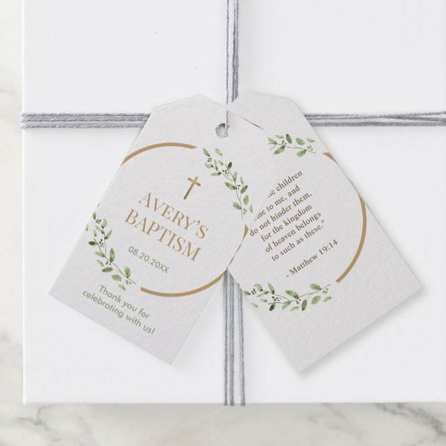 Étiquettes-cadeau Baptême Wreath cross bible verse merci pour (Front and back for baptism favor bookmark thank you tags.)