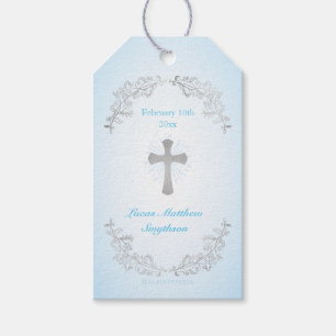 Étiquettes-cadeau Baptêmes Cadeau Croix Bleue Argent